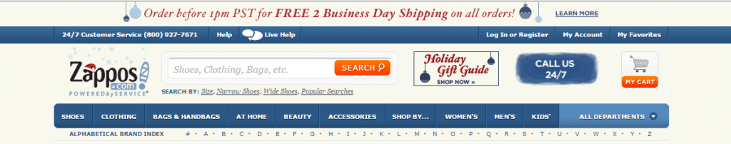 A screen shot showcasing the zappos website, aimed to increase buying frequency.