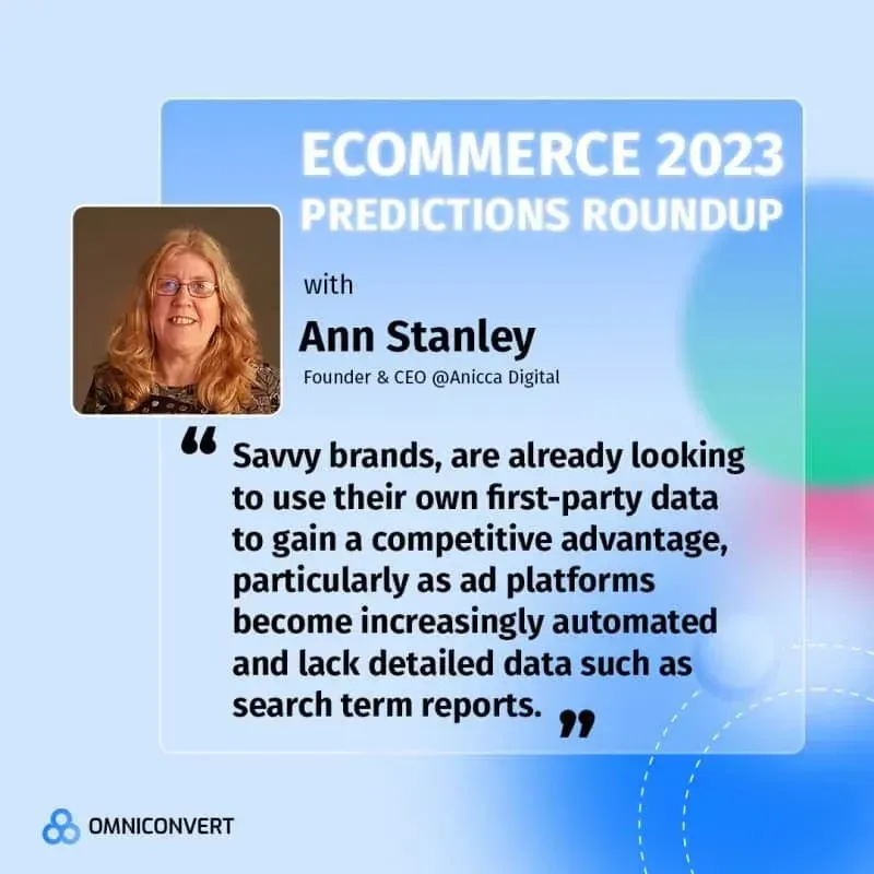 Ecommerce 2023 predictions roundup banner with quote from Ann Stanley
