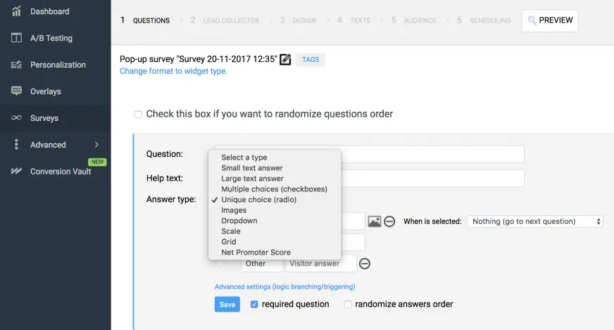 A screen shot of a web page displaying a button for customer satisfaction surveys.