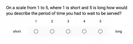 A customer satisfaction survey question about the duration of a person's presence on a scale.