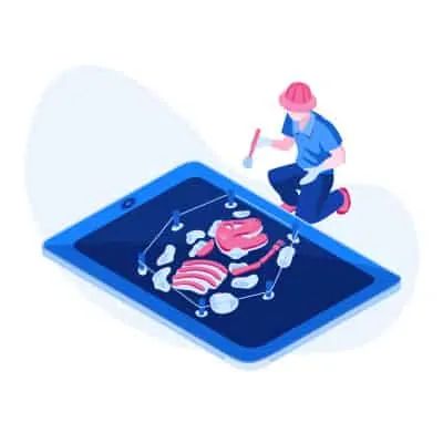 An isometric illustration of a person working on a tablet with segmentation.