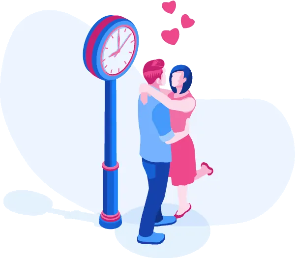 A man and woman hugging near a clock, highlighting their strong bond and emotional connection.