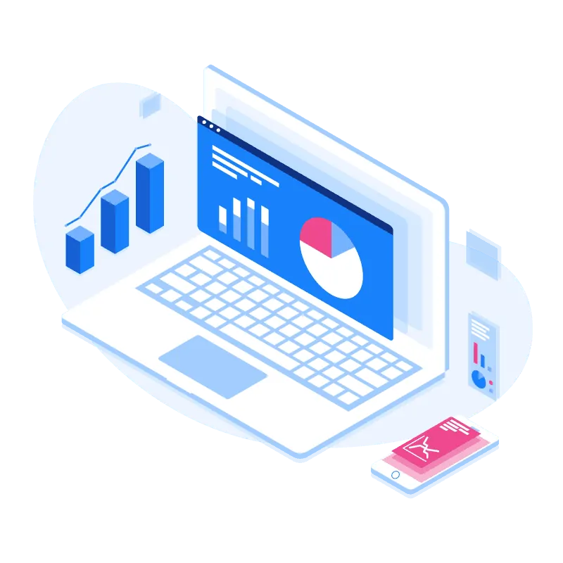 An isometric image of a laptop displaying graphs, showcasing how we help.